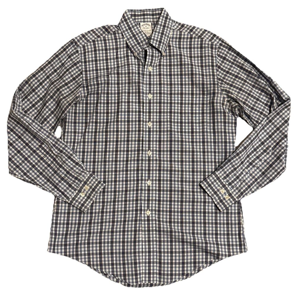 Brooks Brothers Mens Button Down Medium Black Blue Plaid Long Sleeve Cotton